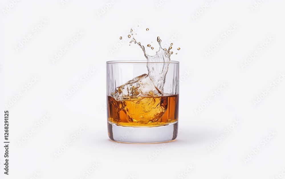 Splashing Ice in Whiskey Glass on White Background Splashing Ice in Whiskey Glass on White Background
