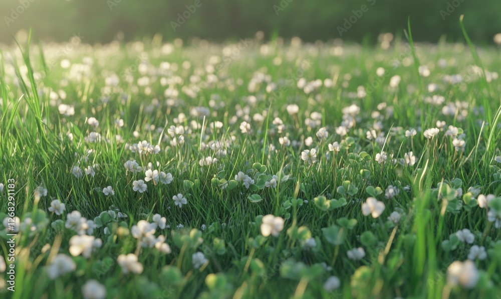 Lush green meadow filled with blooming white clover flowers under soft sunlight in a serene landscape Lush green meadow filled with blooming white clover flowers under soft sunlight in a serene landscape