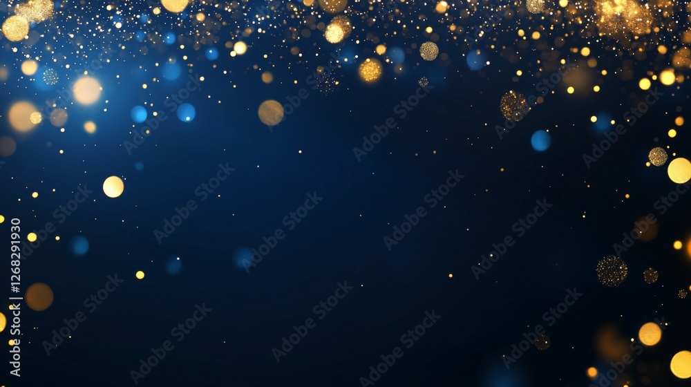 A shimmering background of blue and gold bokeh lights, creating a festive and elegant atmosphere. A shimmering background of blue and gold bokeh lights, creating a festive and elegant atmosphere.