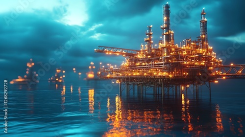 Abstract offshore platform, ultramodern petroleum refinery, surreal floating rig concept, glowing industrial pipes, dynamic cinematic rendering, highdetail ocean view