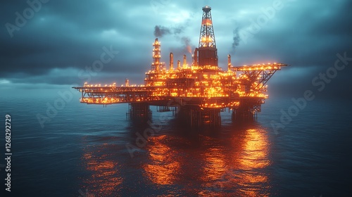 Abstract offshore platform, ultramodern petroleum refinery, surreal floating rig concept, glowing industrial pipes, dynamic cinematic rendering, highdetail ocean view