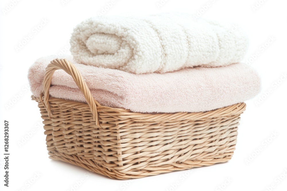 Clean towels, wicker basket, laundry, white background, spa