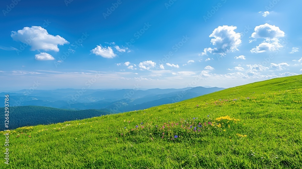 Green grassy slope meets blue sky with fluffy clouds Green grassy slope meets blue sky with fluffy clouds