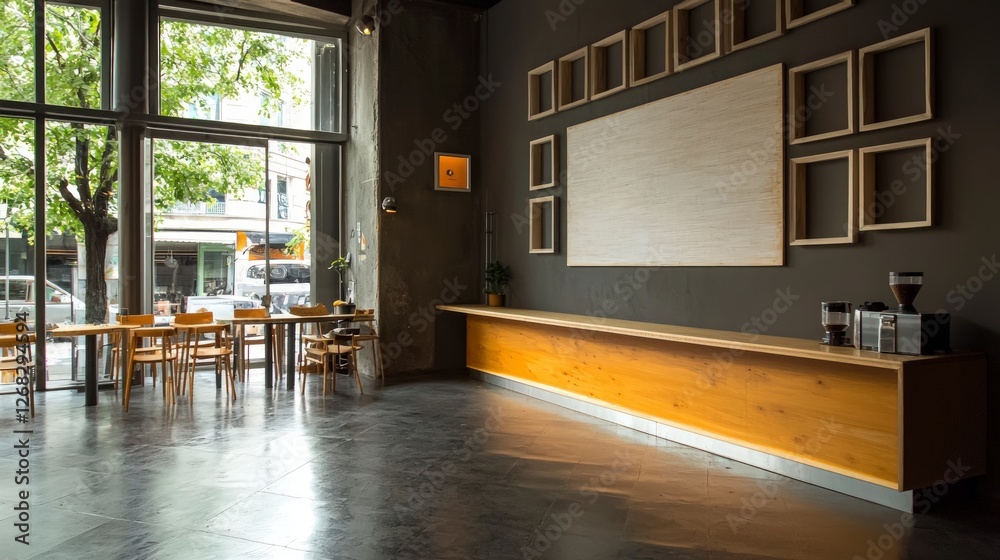 Fototapeta premium Modern Cafe Interior Design Minimalist Wooden Counter Empty Wall Art City View