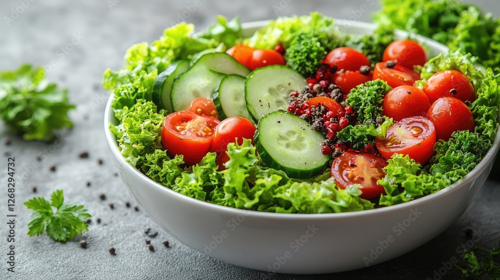 Fresh vegetable salad with cherry tomatoes, cucumbers, and lettuce on a textured gray background