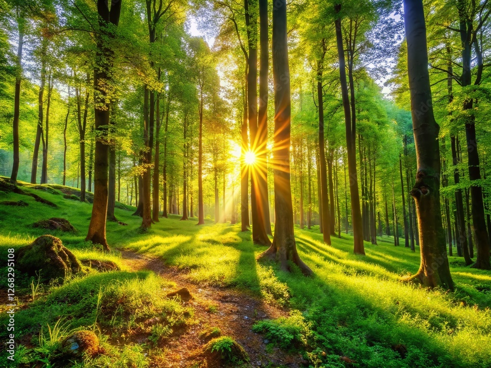 Obraz premium Sunny Day Tranquil Forest and Rolling Hills Landscape Stock Photo