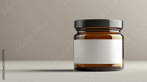 Premium small glass jar mockup with white label, sleek modern design, soft lighting, realistic label texture, photorealistic rendering, ultraHD quality photo