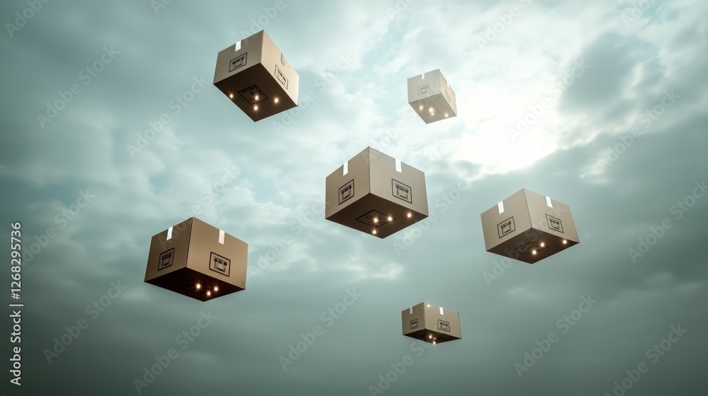 Futuristic Delivery Flying Cardboard Boxes Online Shopping Cloud Logistics Futuristic Delivery Flying Cardboard Boxes Online Shopping Cloud Logistics