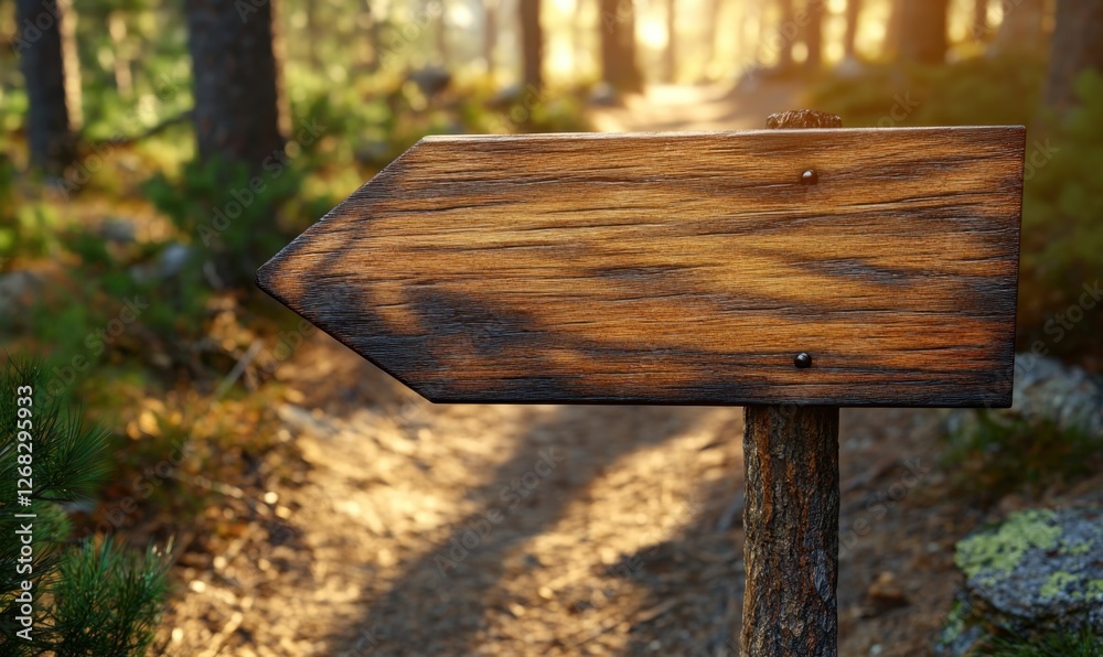 Fototapeta premium Wooden directional signpost in a serene forest setting with sunlit trees in the background