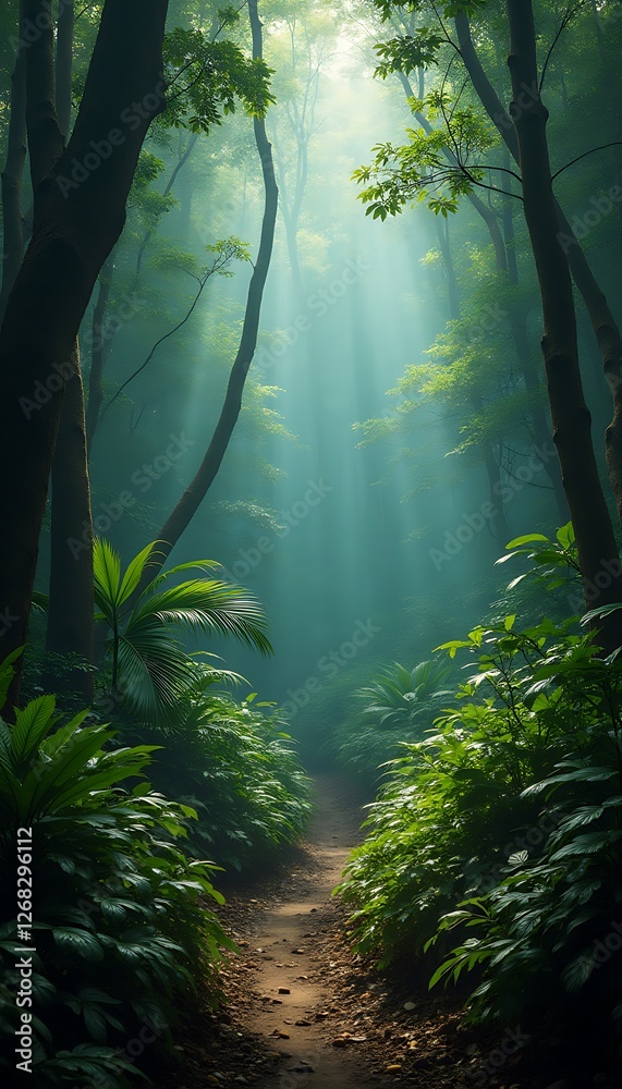 Obraz premium Generative AI Forest Path with Sun Rays Streaming Through the Trees