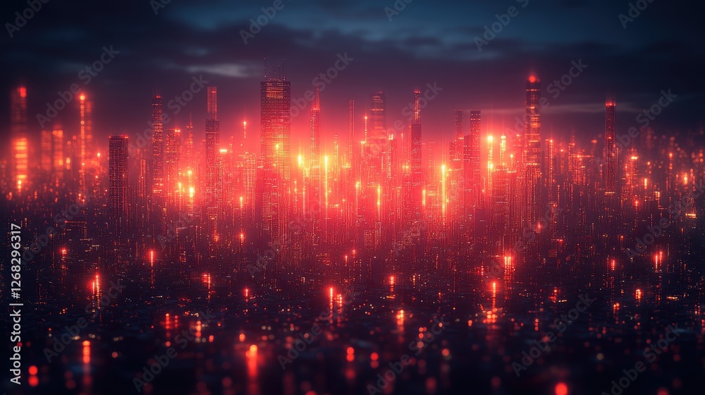 Futuristic city skyline illuminated by red lights at dusk, showcasing a vibrant urban atmosphere Futuristic city skyline illuminated by red lights at dusk, showcasing a vibrant urban atmosphere