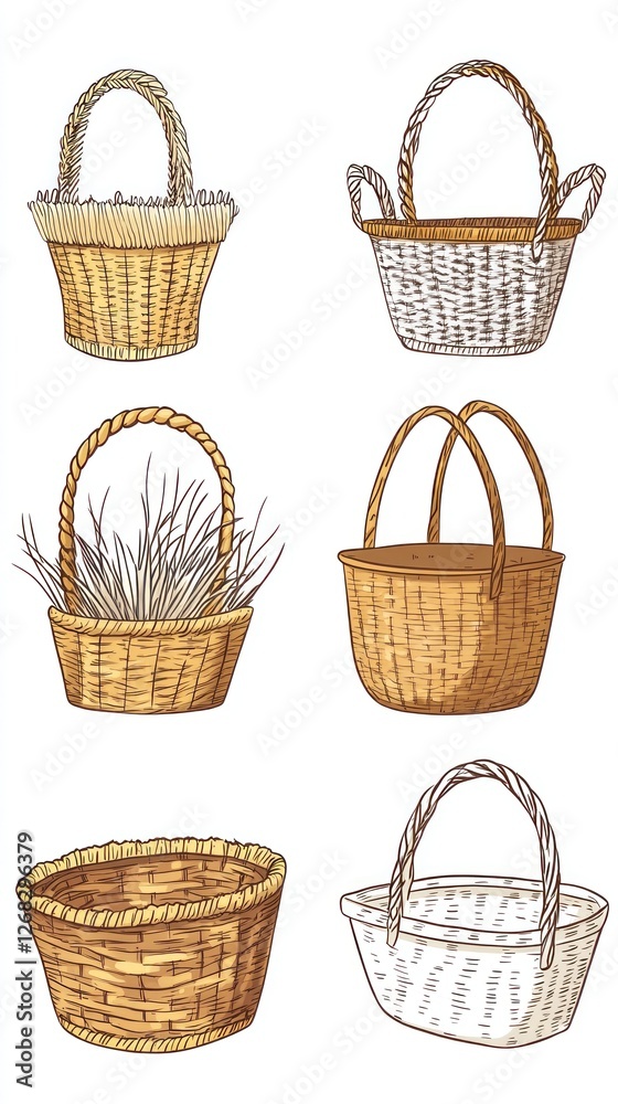 Set of hand drawn straw wicker baskets Set of hand drawn straw wicker baskets
