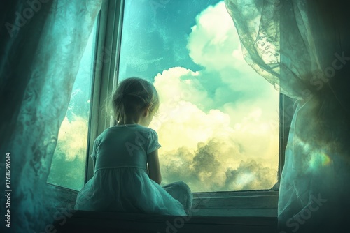 A thoughtful depiction of a child gazing out of the window, lost in imagination
