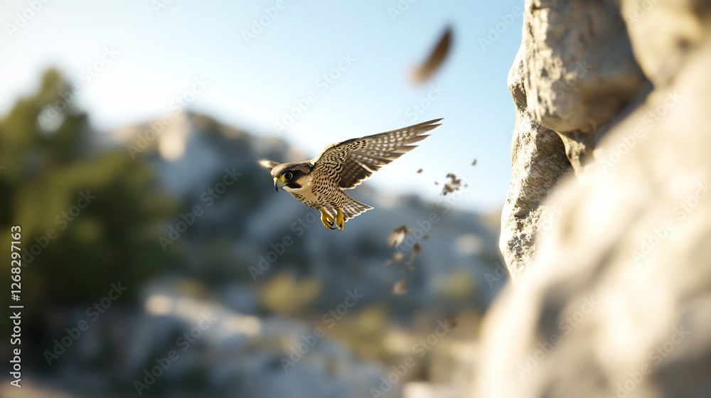 Fototapeta premium Falcon hunting near rocky cliff, sunset