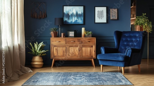 Obraz na płótnie Minimalist living room with wooden furniture and dark blue walls. w salonie