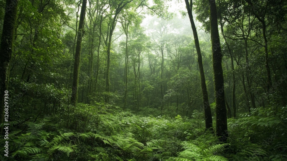 Obraz premium Lush green forest with dense trees and ferns under a misty atmosphere, evoking tranquility