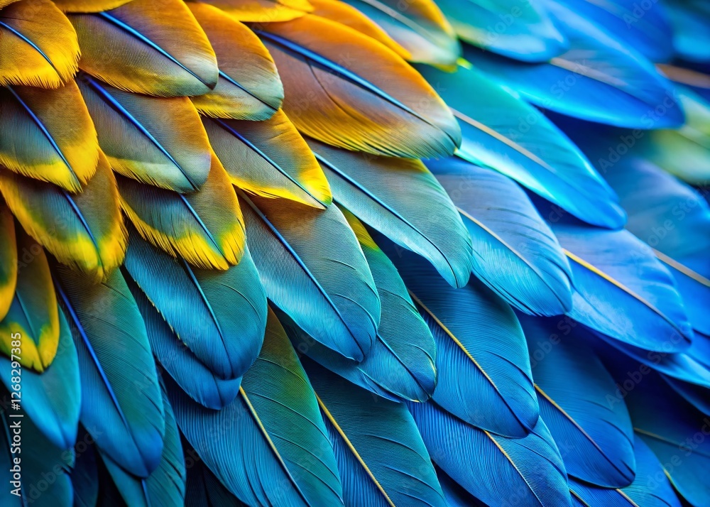 Fototapeta premium Surreal Close-Up: Vibrant Blue & Yellow Parrot Wing Feathers