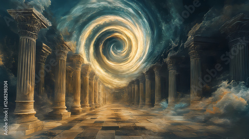 Magical vortex swirls around doric temple glimpses of time warp. Warped Time Temples. Illustration photo