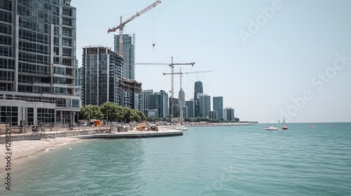 Modern City Skyline  Lakefront Construction  Urban Development