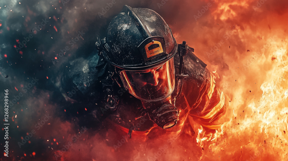 Firefighter Charging Through Flames in Intense Heat Firefighter Charging Through Flames in Intense Heat