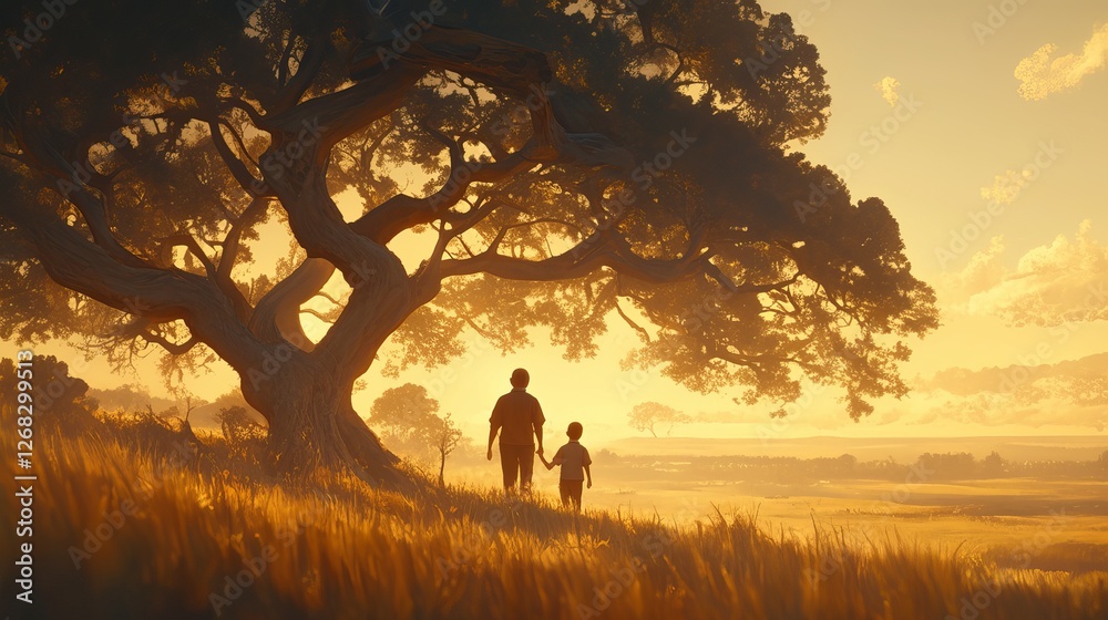 Father and son walking together in vibrant nature, hyper-realistic scenic outdoor moment Father and son walking together in vibrant nature, hyper-realistic scenic outdoor moment