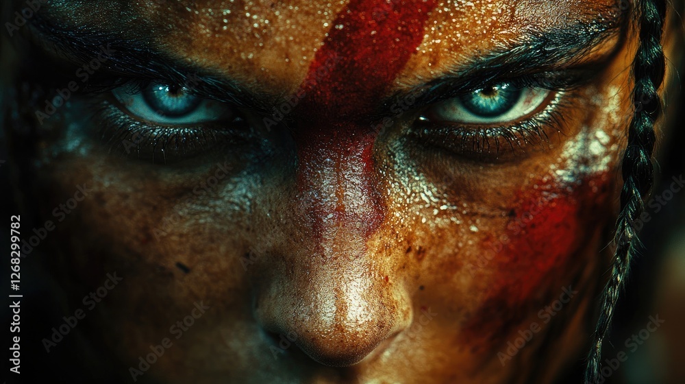 Intense close-up of a warrior's face with striking blue eyes and tribal markings, evoking strength Intense close-up of a warrior's face with striking blue eyes and tribal markings, evoking strength