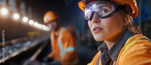 Female worker inspects coal mine, colleague in background
