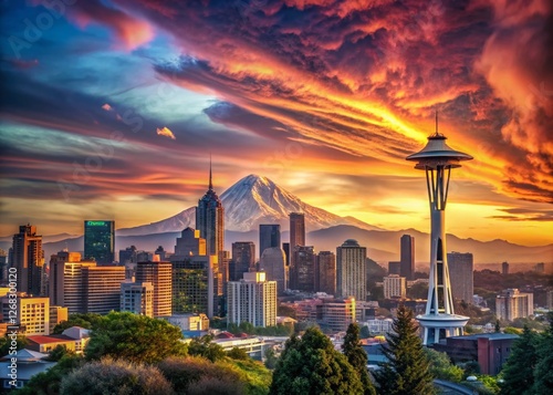 Surreal Seattle Skyline & Mt. Rainier: Dreamlike Cityscape at Dusk