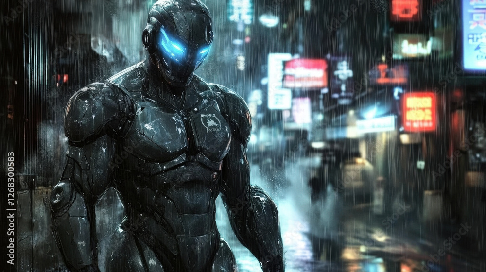 Armored Cybernetic Soldier Standing in a Neon-Lit Rainy Metropolis Armored Cybernetic Soldier Standing in a Neon-Lit Rainy Metropolis