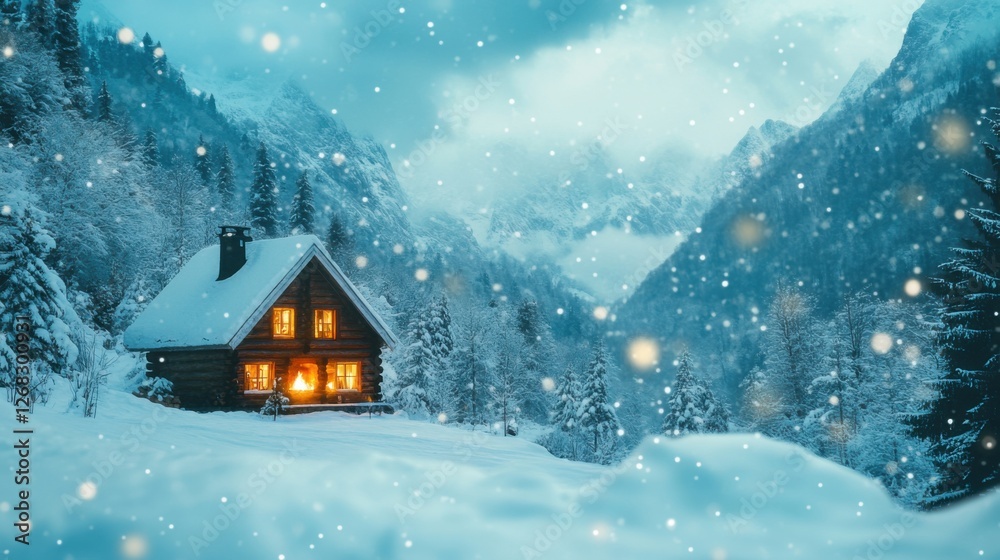 Naklejka premium Cozy Cabin Surrounded by Snowy Mountains and Falling Snowflakes on a Winter Evening