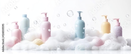 Set with bottles of bubble bath and fluffy foam on white background. Banner design