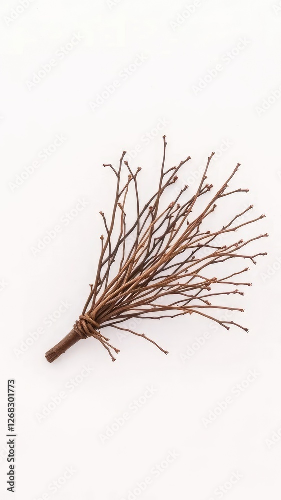 Fototapeta premium Small bundle of dry twigs against a clean white wall, brown, twigs, texture