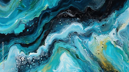 Abstract fluid art painting with teal, blue, black, and white colors.