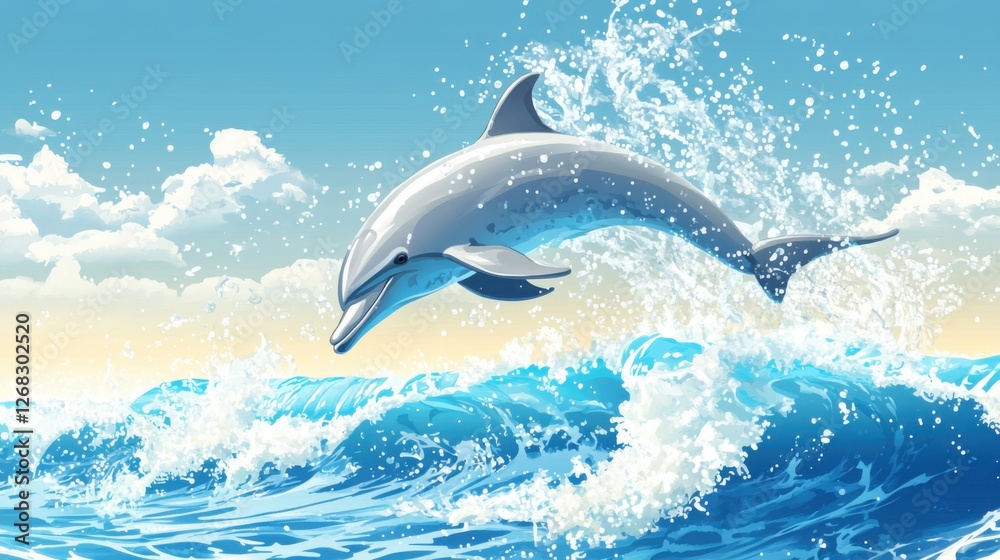 Naklejka premium Majestic Dolphin Leaping from Bright Blue Ocean Waves Beneath a Beautiful Sky Full of Soft White Clouds