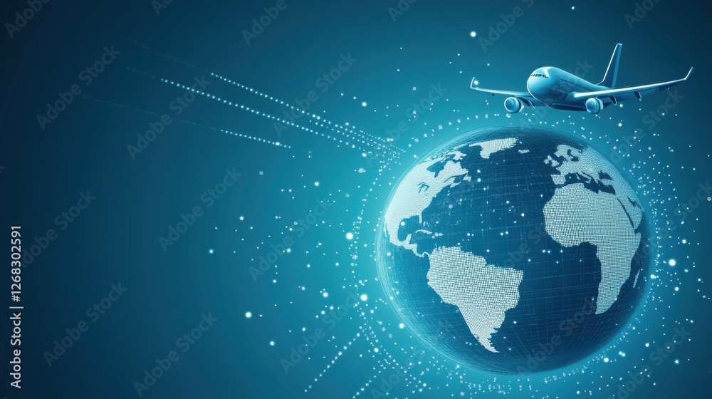 Fototapeta premium Airplane Flying Over Earth Globe with Digital Connection Lines and Dots Representing Global Travel and Technology