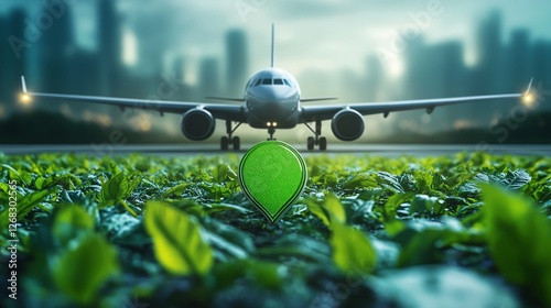 Ecofriendly aviation fuel concept, showcasing sustainable energy for air travel, green fuel symbol, modern aircraft in the background, futuristic design photo