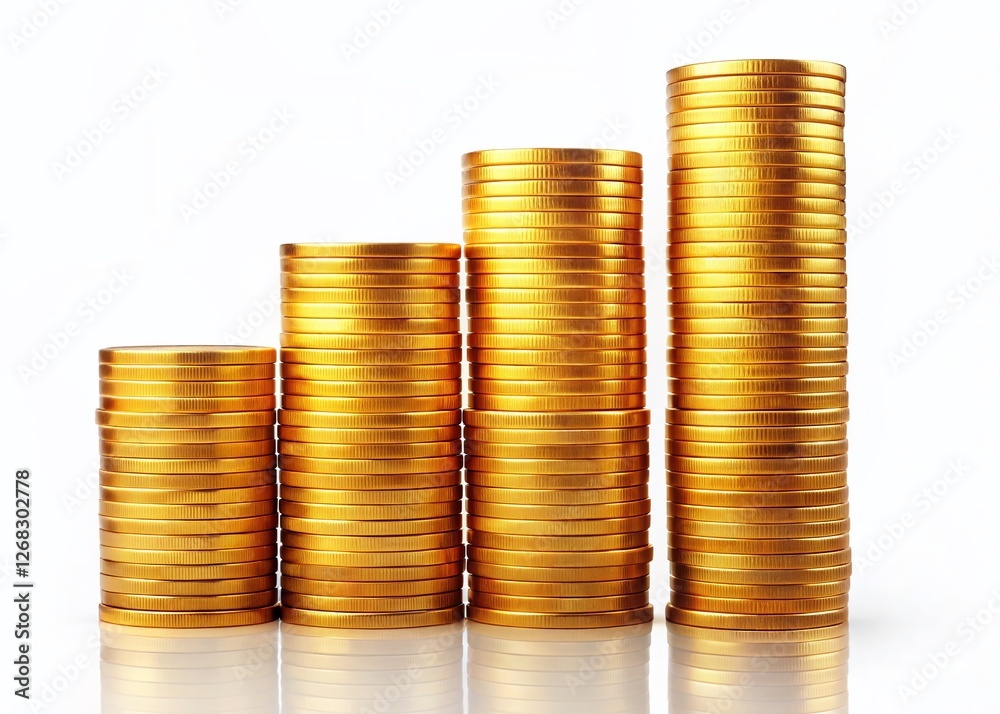 Three Stacks of Coins Showing Financial Growth, Isolated on White Background - Money Savings Concept Three Stacks of Coins Showing Financial Growth, Isolated on White Background - Money Savings Concept