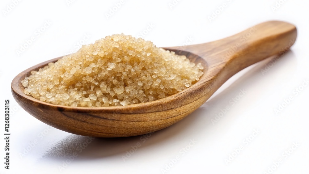 Tilt-Shift Photo: Granulated Cane Sugar in Wooden Spoon Isolated on White Tilt-Shift Photo: Granulated Cane Sugar in Wooden Spoon Isolated on White
