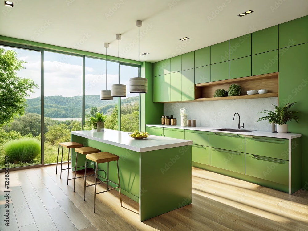 Fototapeta premium Tranquil Green Minimalist Kitchen Interior Design Stock Photo