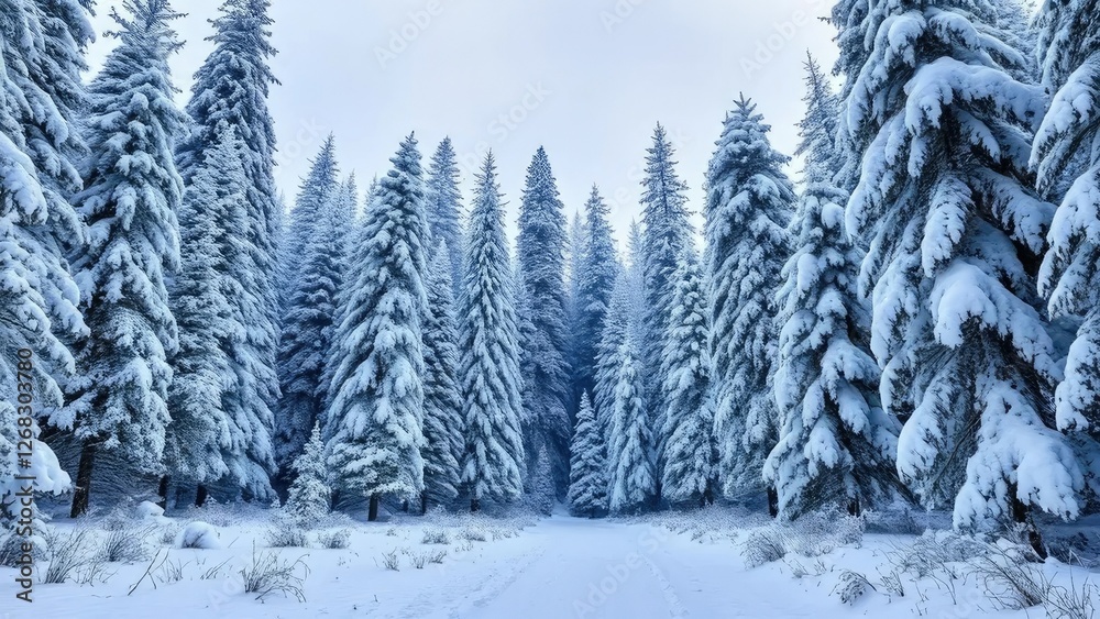 Snowy forest landscape with towering Christmas trees, cold, snow Snowy forest landscape with towering Christmas trees, cold, snow