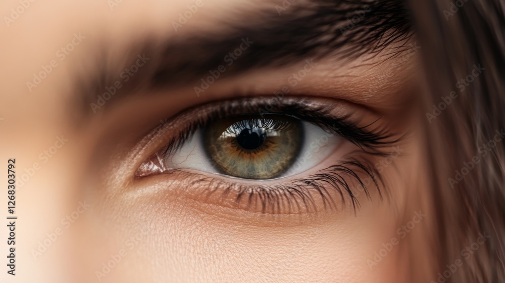 Obraz premium Close-up of a human eye showcasing intricate details and vibrant colors, with soft lighting