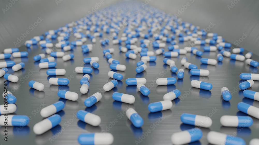 Fototapeta premium An image of the production line for mass-produced blue capsules.