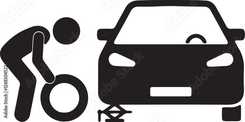 Illustration of a stickman changing the front tire of a car