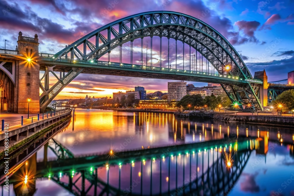 Fototapeta premium Tyne Bridge Newcastle Dusk Illuminated Architectural Detail High Resolution Stock Photo