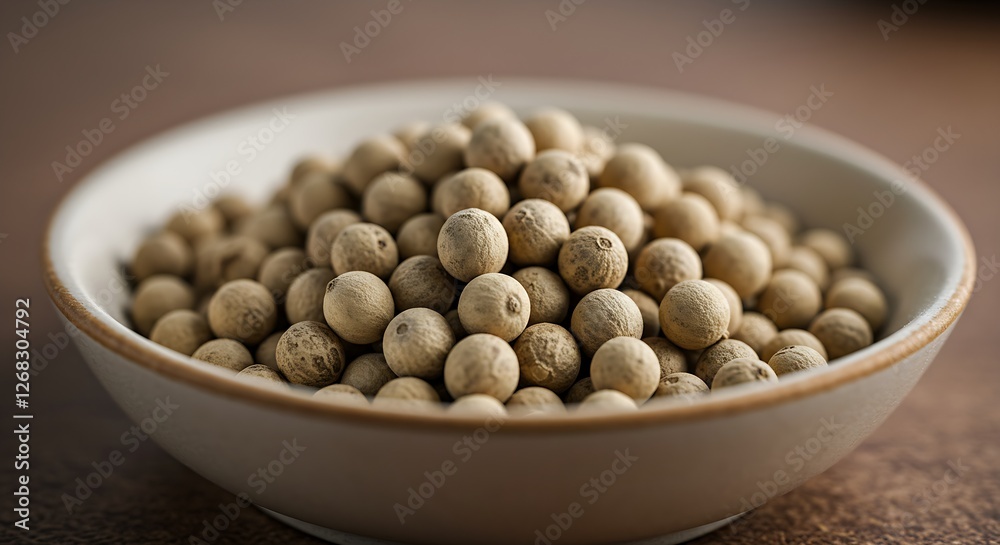 A small dish containing white peppercorns, with a smoother texture compared to black ones. A small dish containing white peppercorns, with a smoother texture compared to black ones.