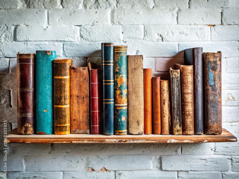 Naklejka premium Urban Exploration: Books on White Shelf - Grungy Industrial Aesthetic Stock Photo