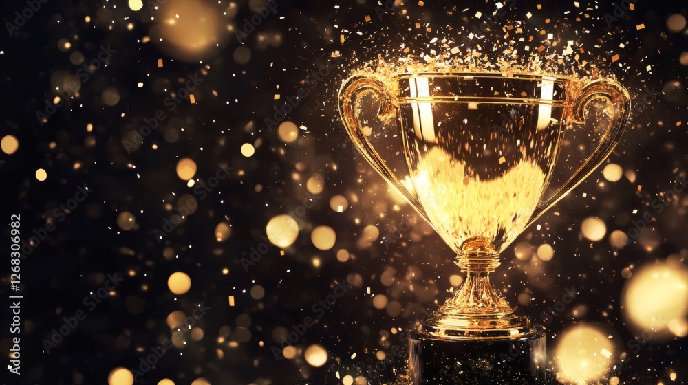 Golden Trophy Surrounded by Sparkling Confetti on Dark Background Golden Trophy Surrounded by Sparkling Confetti on Dark Background
