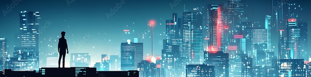 Obraz premium Silhouette Man Gazing at Futuristic Cityscape at Night