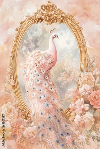 A beautiful painting of a white peacock with blue and gold feathers