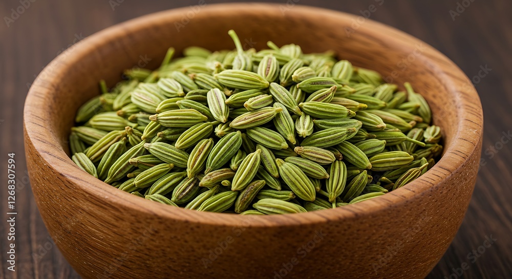 Green fennel seeds in a small wooden bowl, highlighting their delicate shape. Green fennel seeds in a small wooden bowl, highlighting their delicate shape.